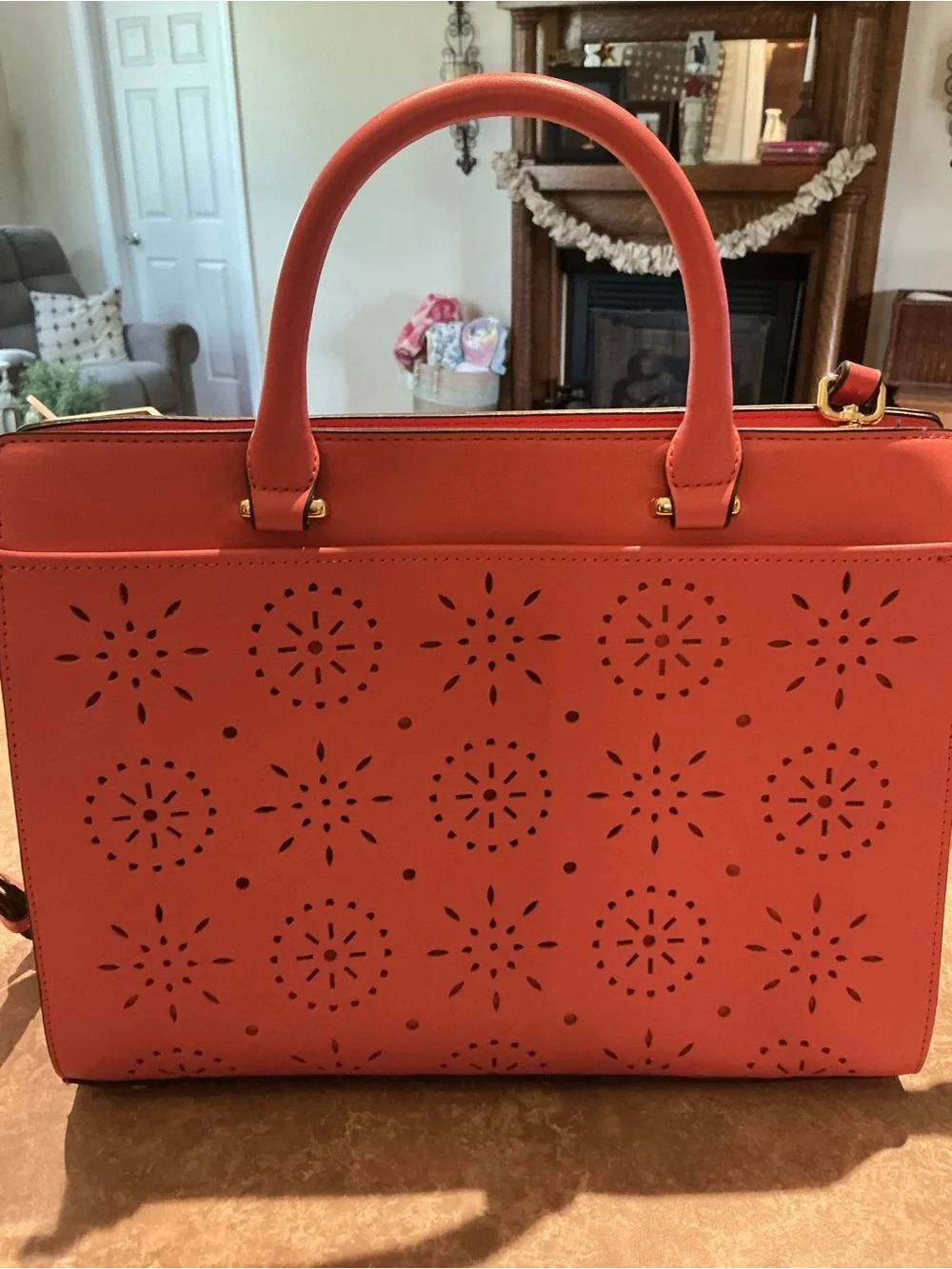 crown & ivy Coral Laser-Cut Satchel with Top Handles Pocketbook Purse